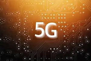 5G Mobile Chip Print on Computer Board Background
