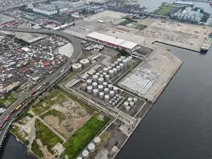 Aerial View of Container Ship Loading and Unloading Print
