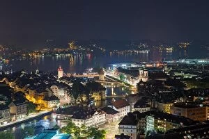 Switzerland Collection: Aerial view of old town of Lucerne, wooden Chapel bridge, stone Water tower