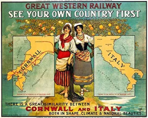 See Your Own Country First 1907 GWR Print: Cornwall vs Italy