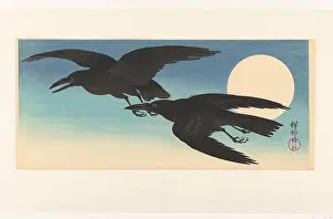 Full Moon Blue Print of Two Crows in Flight