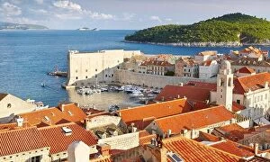 Croatia Collection: Dubrovnik Old Town, aerial view from City Walls to Harbour, Croatia