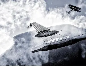 Guitar Clouds and Plane Print