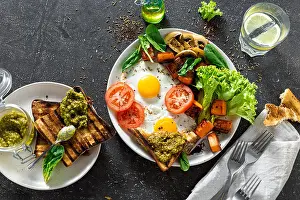Healthy Breakfast Table Print: Dark Background Top View