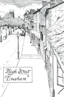 Evesham High Street Print, 1898 Line Drawing