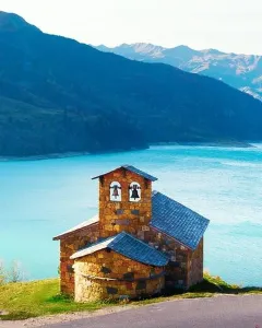 Print of Stone Chapel on Lac de Roselend Coast