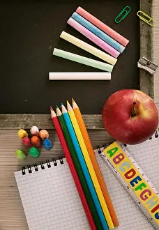 School objects Print featuring a Chalkboard, Pencils, Crayons and an Apple