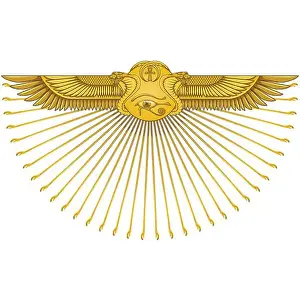 Ancient Egyptian Winged Sun Print with Cobras and Symbols