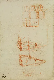 Framed Print : Architectual sketches, study from the Codex Forster III, c.15v, by Leonardo da Vinci, housed in the Victoria and Albert Museum, London