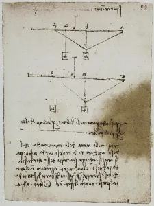 Balancing weights, page from the Codex Forster II, c.99r, by Leonardo da Vinci, housed in the Victoria and Albert Museum, London