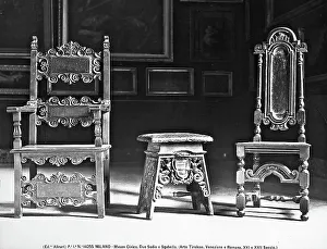 Two chairs and a stool, probably of Tyrolese workmanship, Venetian and Roman of the XVI and XVII centuries. Originally conserved at the Municipal Museum of Milan