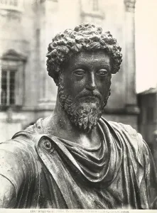Ancient Civilization Portrait Prints: Close up of the face of the equestrian statue of Marcus Aurelius, Campidoglio Square, Rome