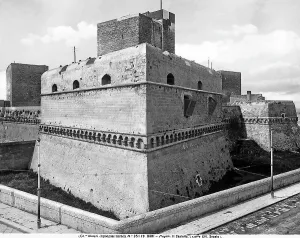 Gothic Style Buildings Italy Prints: Close-up of the angular tower of the Castle of Bari