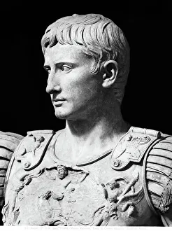 Close-up of the head of the Augusto di Prima Porta statue, work conserved in the Vatican Musuems Braccio Nuovo, Vatican City