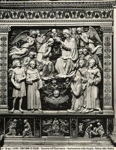 Prints of The Coronation of the Virgin Mary. Enamelled terracotta statue by Andrea della Robbia collocated in the Church of the Osservanza, in the environs of Siena Andrea Della Robbia Prints: The Coronation of the Virgin Mary