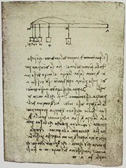 Experiments on the length of the rope applied to the levers, page from the Codex Forster II, c.96r, by Leonardo da Vinci, housed in the Victoria and Albert Museum, London