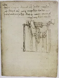 Gear system, page from the Codex Forster II, c.82r, by Leonardo da Vinci, housed in the Victoria and Albert Museum, London