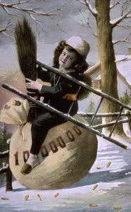 A greeting postcard. A small girl dressed as a chimney sweep is sitting on a large sack against a painted backdrop of a snow-covered landscape