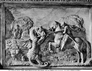High relief representing the fight between St. George and the Dragon, French school, preserved in the Louvre Museum, Paris