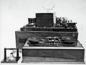 Instruments exhibited in Florence, in 1929 on the occasion of the Science History Exhibition. In foreground is a magnetic detector, on the right is the first termoionic valve by Alexander Fleming and the first Marconi receiver with covered detector, hammers and helper