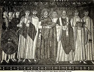 Justinian followed by functionaries, soldiers and priests. Byzantine apse mosaic in the Basilica of San Vitale in Ravenna