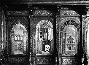 Still life with skull, objects and perspective views. Wooden inlays by Giovanni da Verona in the choir stalls of the Santa Maria in Organo Church, Verona