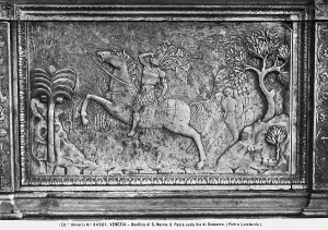 Marble frontal depicting the conversion of St. Paul on the way to Damascus, attributed to Pietro Lombardo and located in the left transept of St. Mark's Basilica in Venice