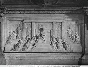 Marble tabernacle, lower detail; work by Mino da Fiesole located in the Cappella del Miracolo of the Church of Sant'Ambrogio, in Florence