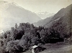 Mountain Cabin Architecture Prints: Mountain landscape. In the background