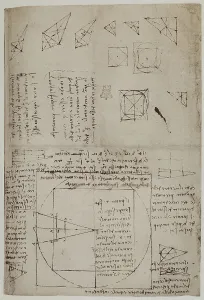 Notes on geometry and gravity, written by Leonardo da Vinci, part of the Arundel Codex 263, c.72v, housed in the British Museum of London