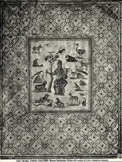 Orpheus playing his lyre, charming the animals. Roman period mosaic on display in the Salone dei Mosaici at the Regional Archaeological Museum in Palermo