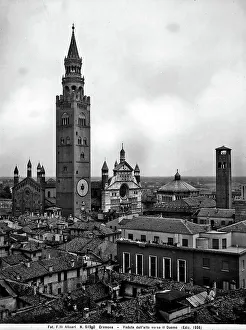 Panoramic view of the Cathedral, Bell Tower, called Torrazzo, and the Baptistery in Cremona