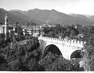 European Renaissance Baroque Style Prints: Panoramic view of Dronero with the Devil's Bridge, Province of Cuneo
