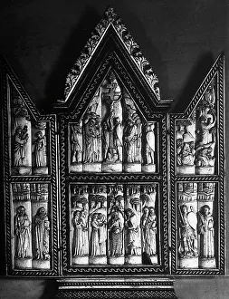Small ancon of bone representing the Annunciation, the Baptisim of Christ, Jesus in the Garden, the Crucifixtion and four Saints in the pinacoteca of Faenza, Ravenna