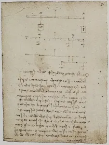 Studies on balancing weights, page from the Codex Forster II, c.81r, by Leonardo da Vinci, housed in the Victoria and Albert Museum, London