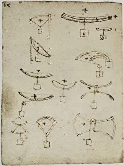 Da Vinci Sketches Prints: Study on balancing weights, page from the Codex Forster II