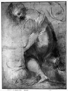 Human Body Anatomy Study Prints: Study of a dressed woman looking down