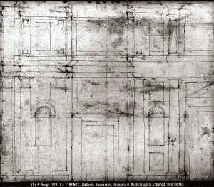 Renaissance Architecture Drawings Prints: Study for a faade. Drawing by Michelangelo, in the museum of Casa Buonarroti in Florence