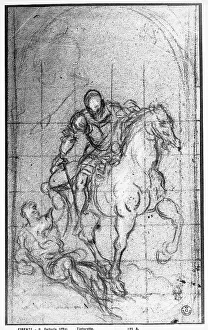 Study of a knight striking a man on the ground. Drawing by Tintoretto preserved in the Room of Drawings and Prints in the Museum of the Uffizi