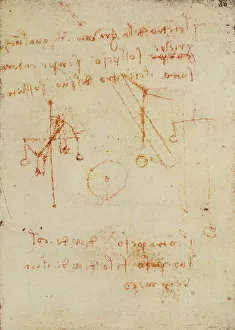 Study on weights and levers, drawing from the Codex Forster III, c.60r, by Leonardo da Vinci, housed in the Victoria and Albert Museum, London