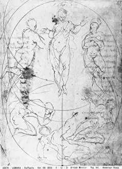 High Renaissance Drawing Prints: Transfiguration. Sketch by Raphael, in the British Museum in London