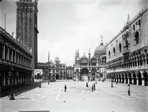 View of St. Mark's Square with the Cathedral, the Doges Palace, the Marciana Library and the bell tower, in Venice