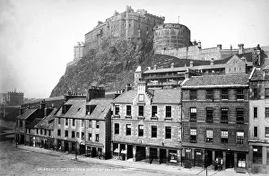 Historic Edinburgh Landmarks Prints: View of Edinburgh's Castle. In the foreground, faades of some buildings