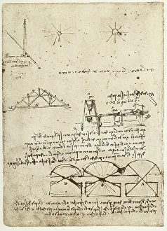 A water-powered clock and designs for cellar windows, drawing by Leonardo da Vinci, part of the Codex B (2173), c.20v, housed at the Institut de France, Paris