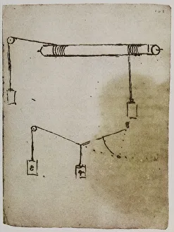 Renaissance Artwork Europe Prints: Weights and levers, drawing from the Codex Forster II