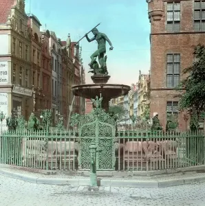 Print of a Neptunbrunnen fountain in Gdansk, Poland