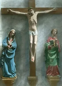 Print of a wooden crucifixion group from the 15th century
