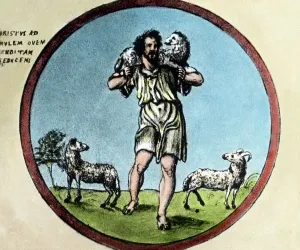 Print of a ceiling painting depicting the good shepherd in a catacomb