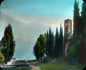 Hand-coloured glass slide print of a cypress-lined lake shore