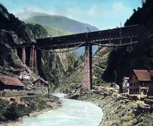 Gotthard Simplon Bahn Print: 1930s Viaduct at Amsteg, Switzerland